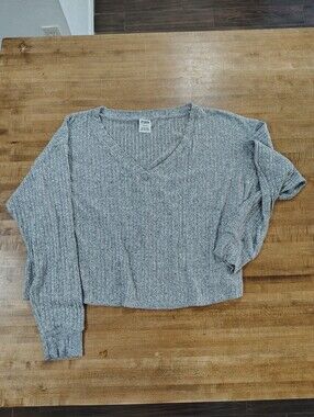PINK VICTORIA SECRET Cozy Ribbed V-Neck Thin Oversized Pullover Sweater Top Gray